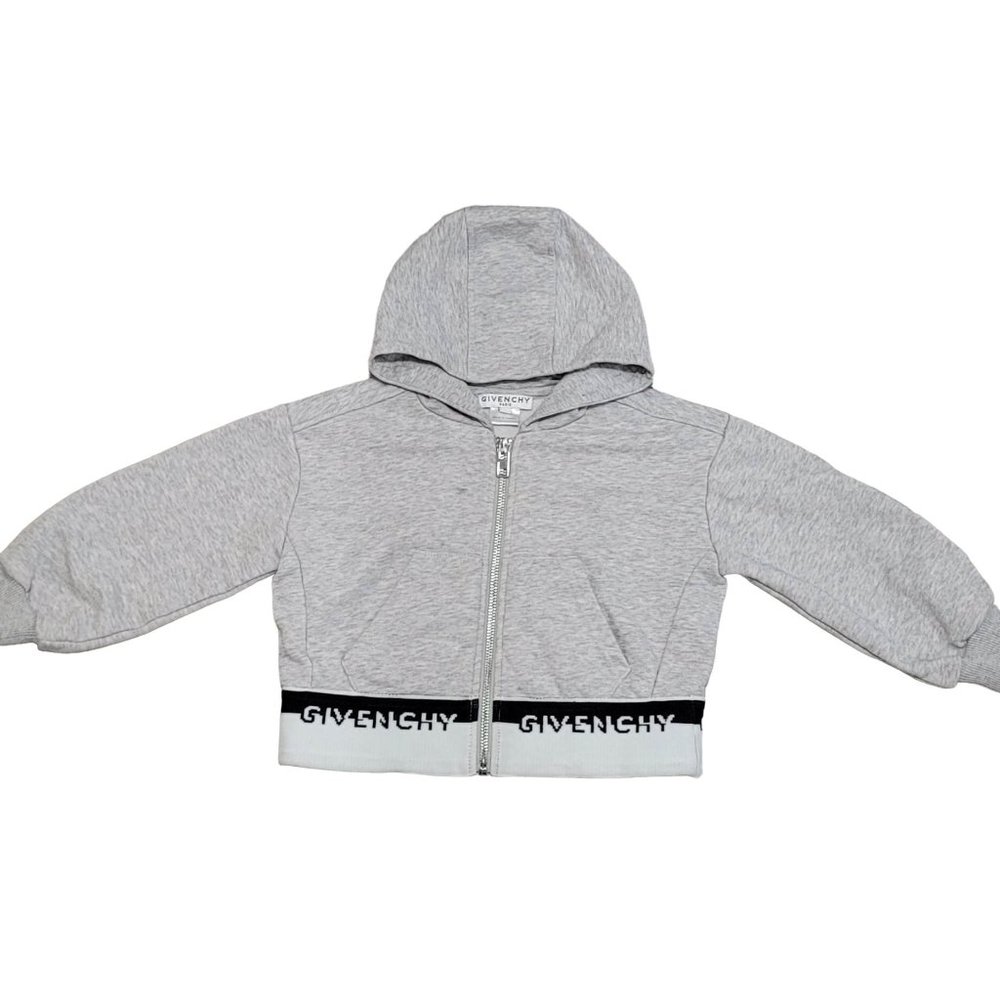 Givenchy grey hooded zip up swat shirt with logo waist band size 4.